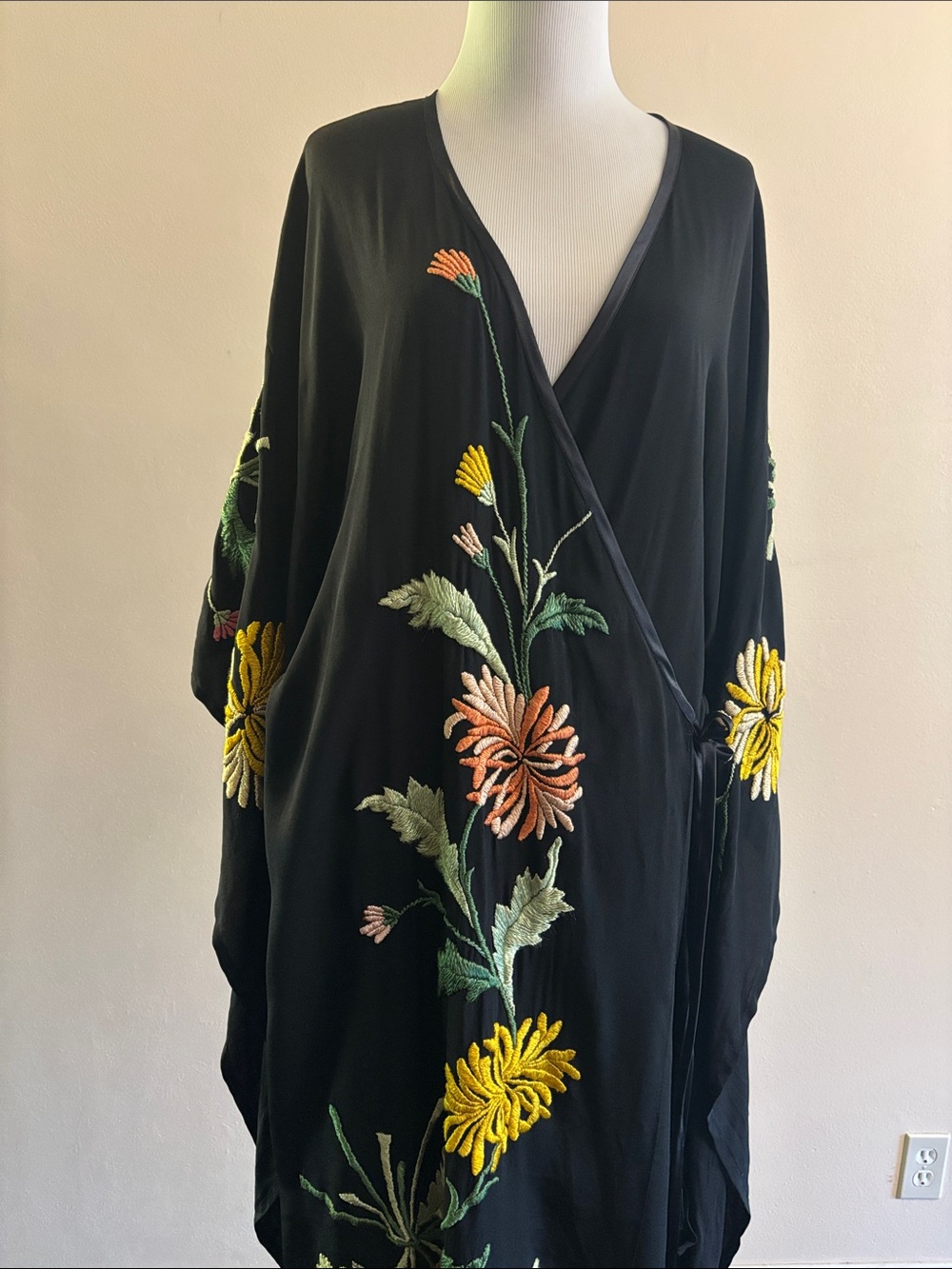 Black Floral Embroidered Wrap Dress